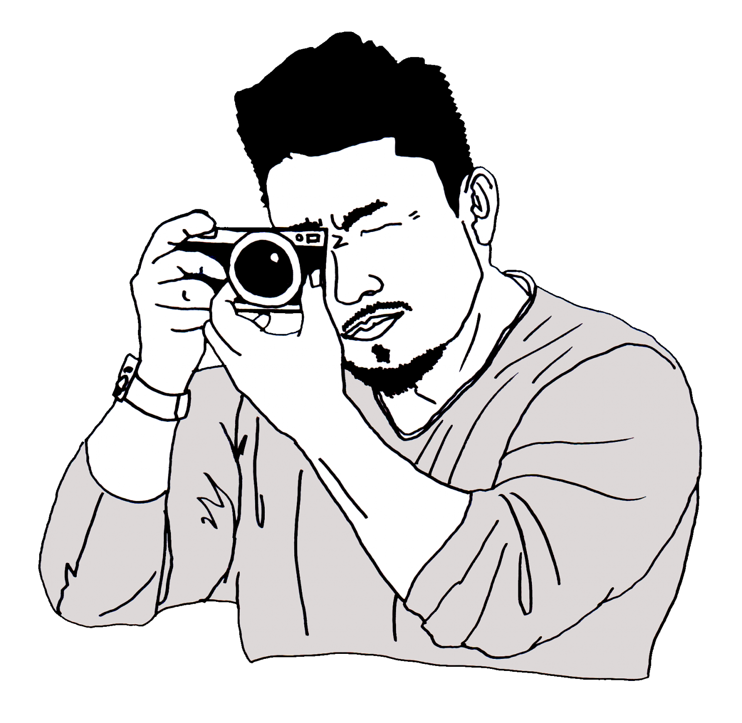 髭のカメラマンの白黒イラスト画像横